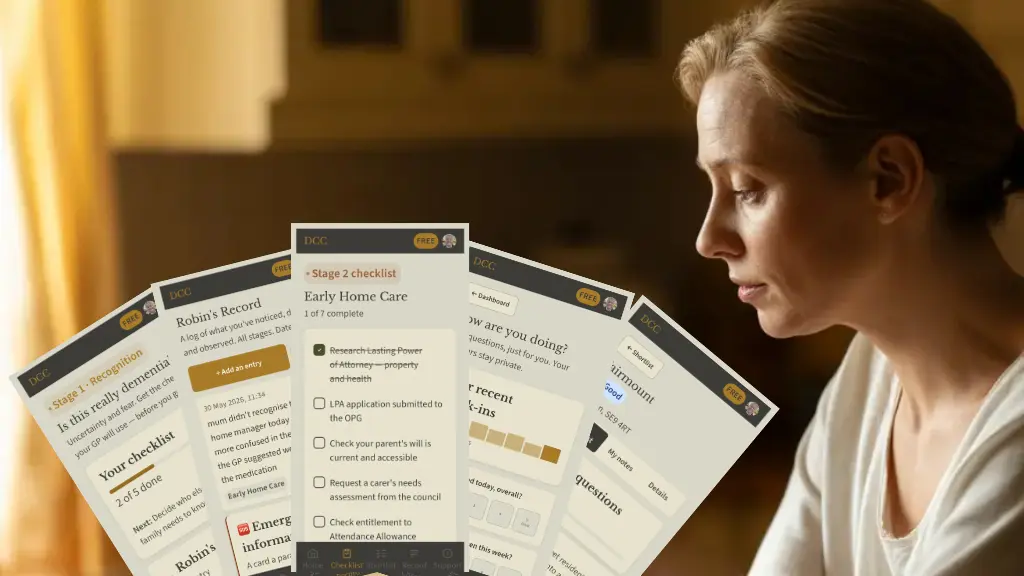 Woman reviewing dementia care checklist on mobile